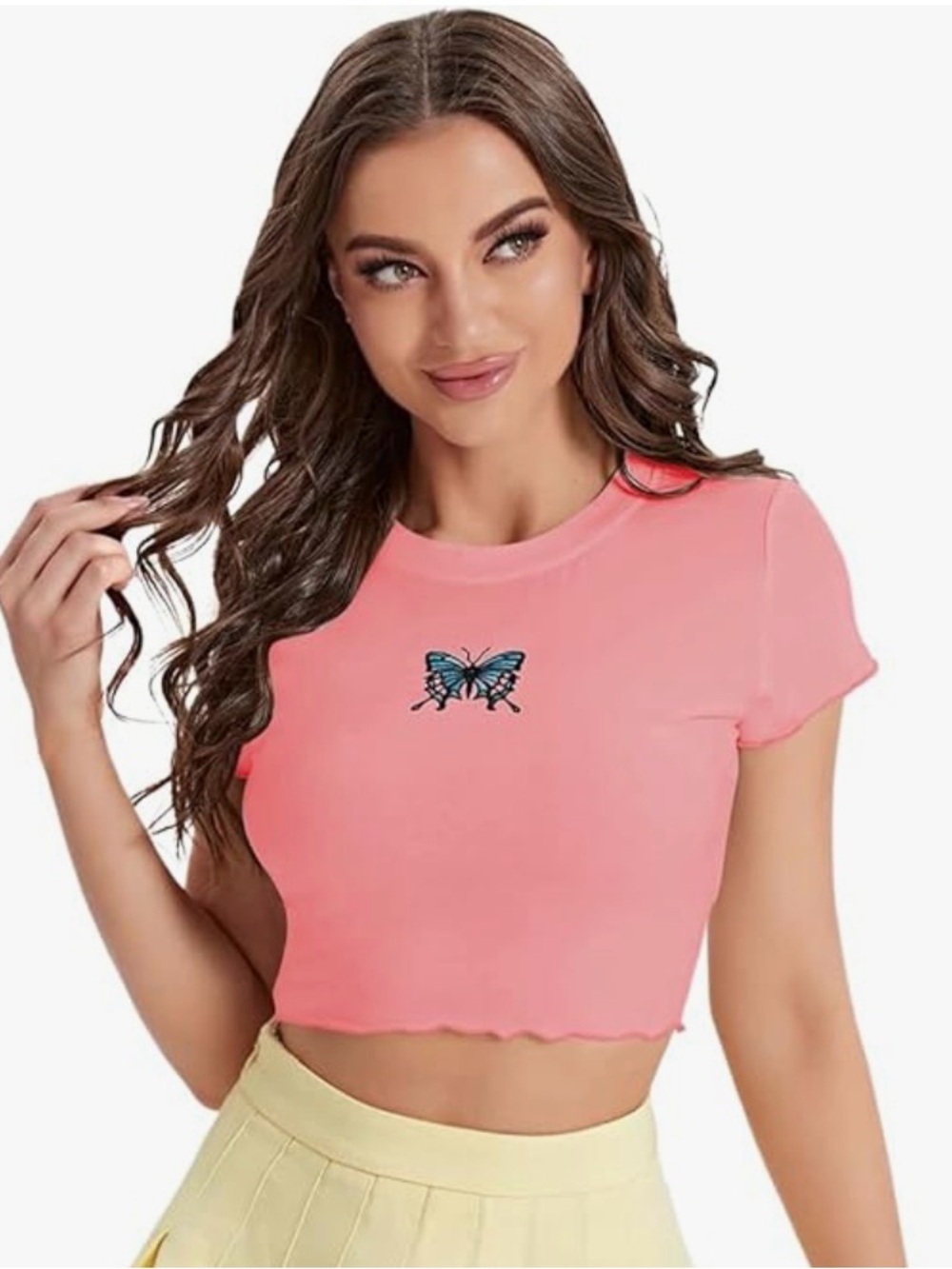Cropped Pink Butterfly Graphic Tee - Women's Top